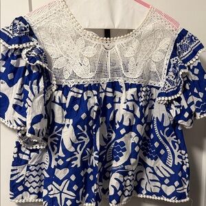 Farm Rio ruffle Blue and White Patterned Women's Top